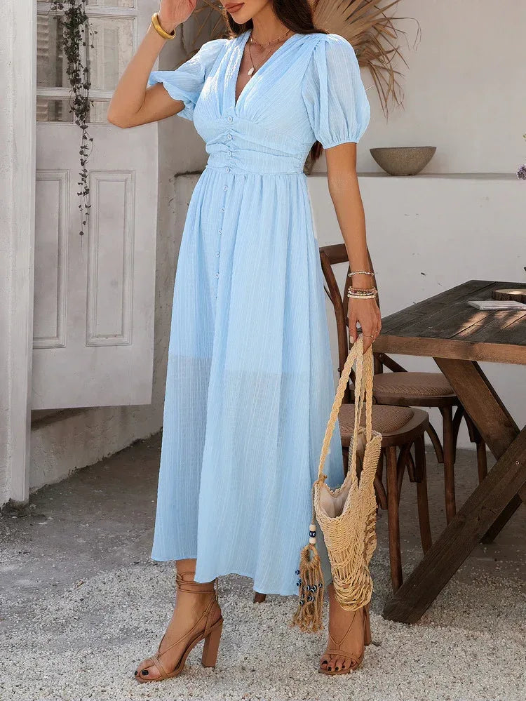 light blue dress with sleeves Hand Beaded Short Sleeve Floral Godet Gown In French Great for any cup size Kateprom Light Blue Long Sleeves
