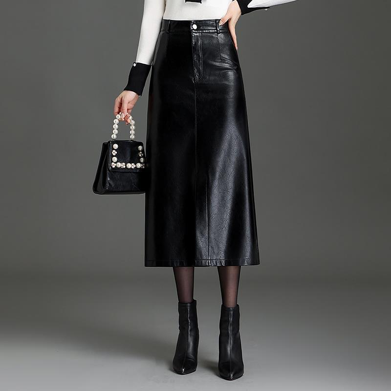 Black PU Leather Midi Pencil Skirt with Slit