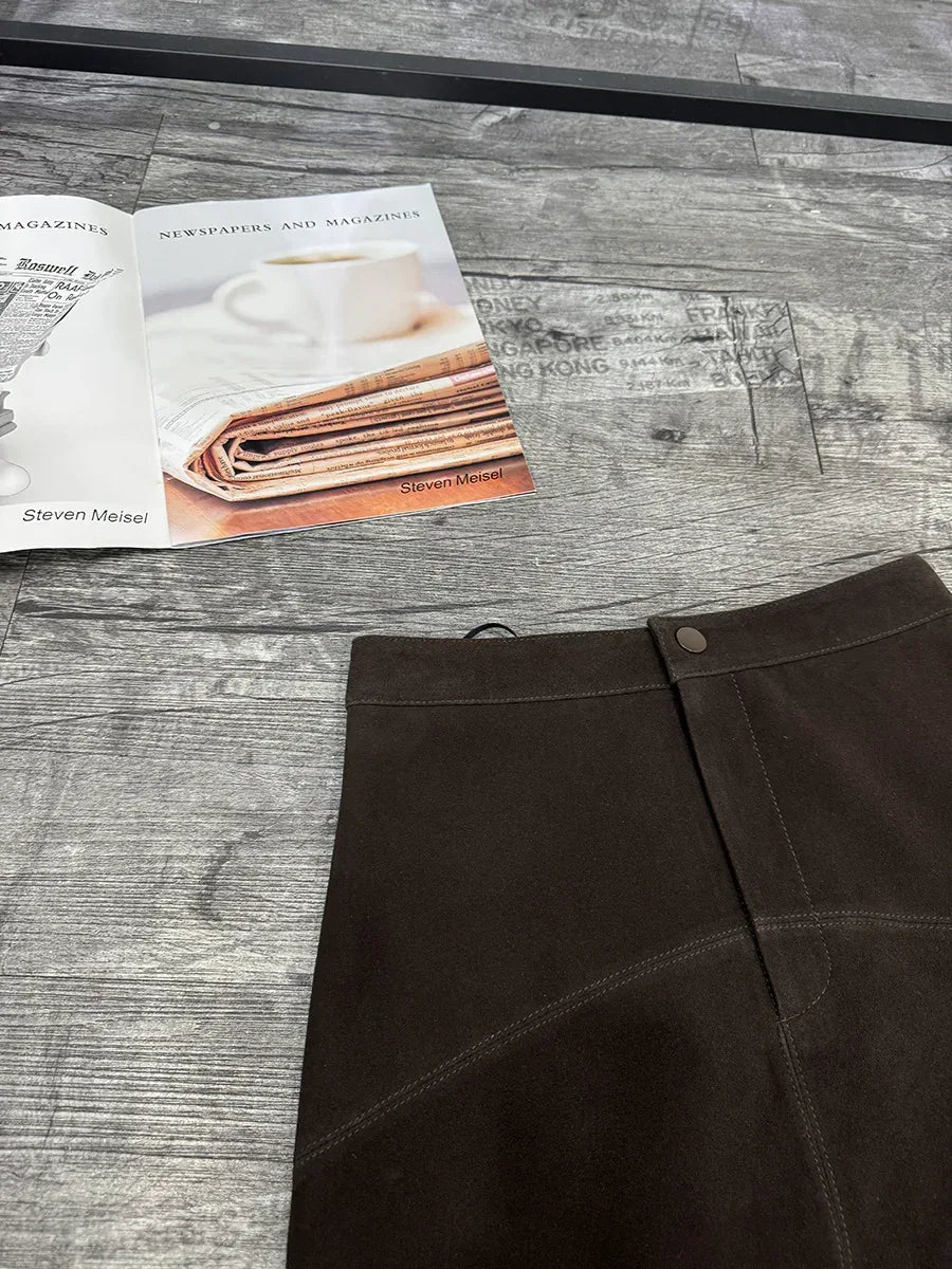 Brown Suede Midi Skirt Women Sheepskin Over-the-Knee Skirt