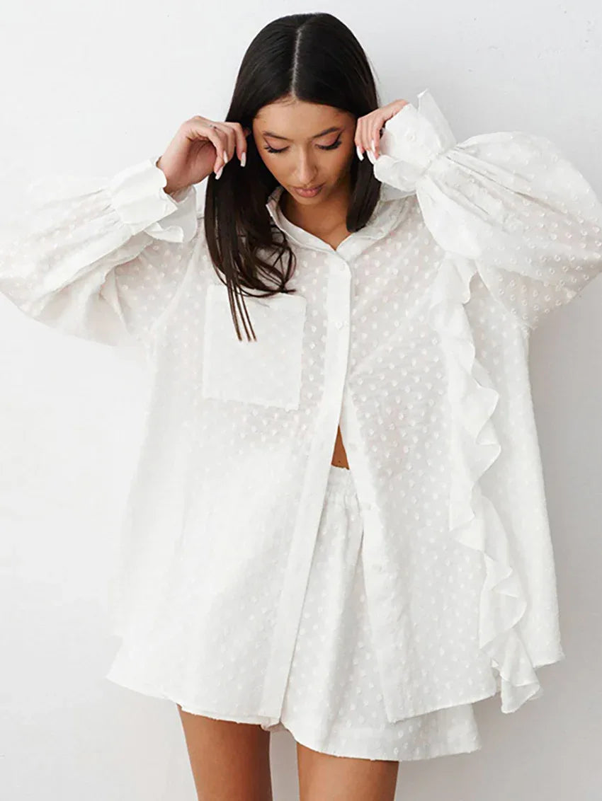 White swiss dot ruffle shirt set
