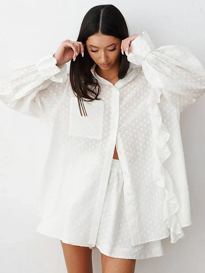 White swiss dot ruffle shirt set