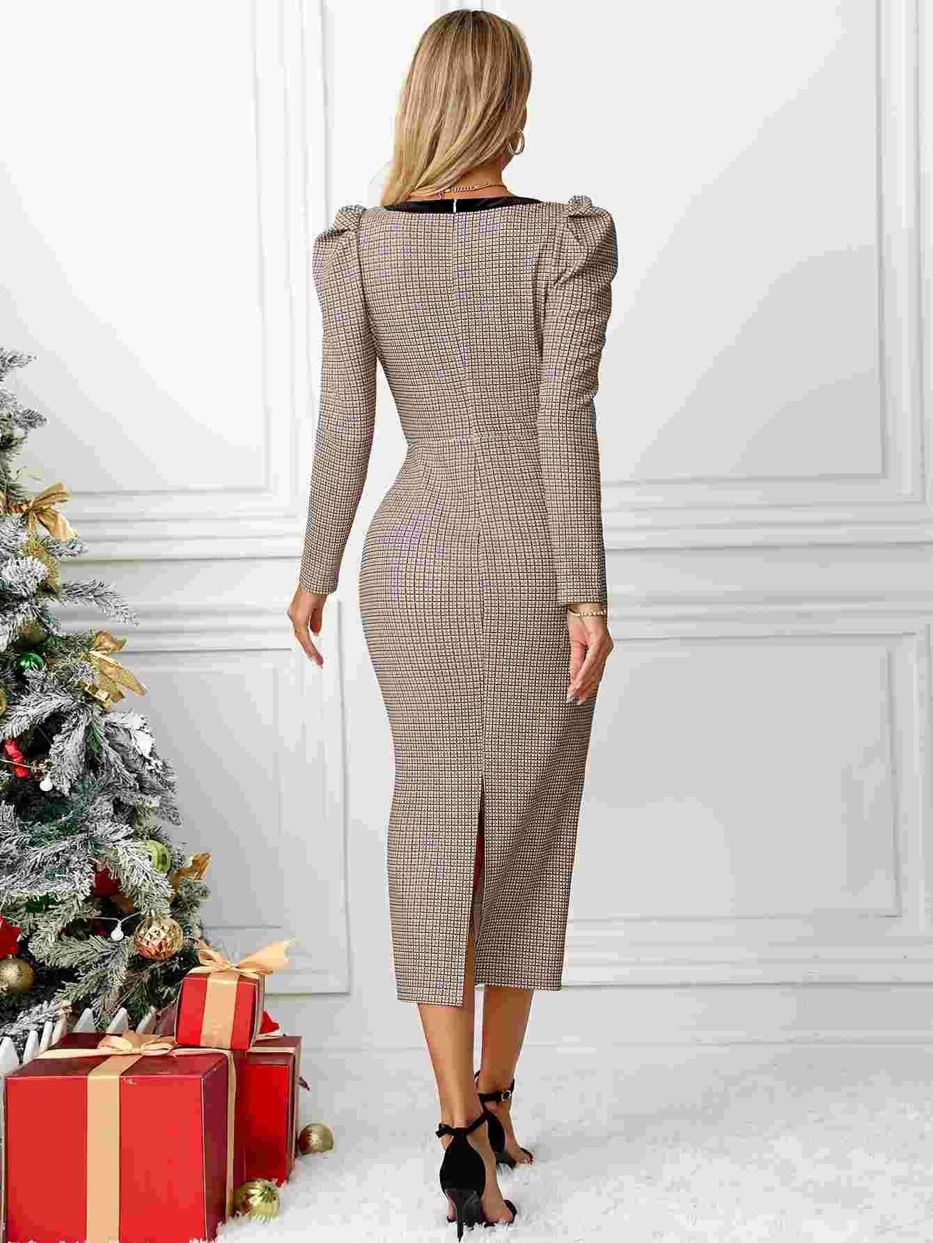 Plaid Midi Long Sleeve Dress with Bows and Square Neckline