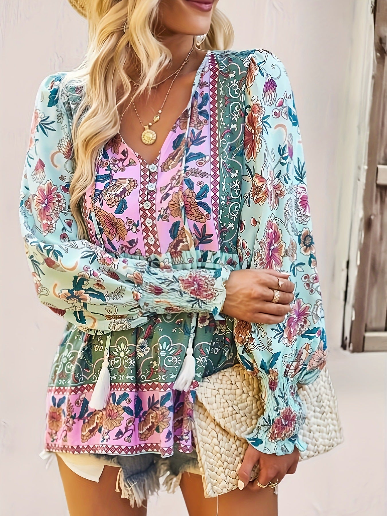 Tassel tie boho blouse with patchwork floral panels