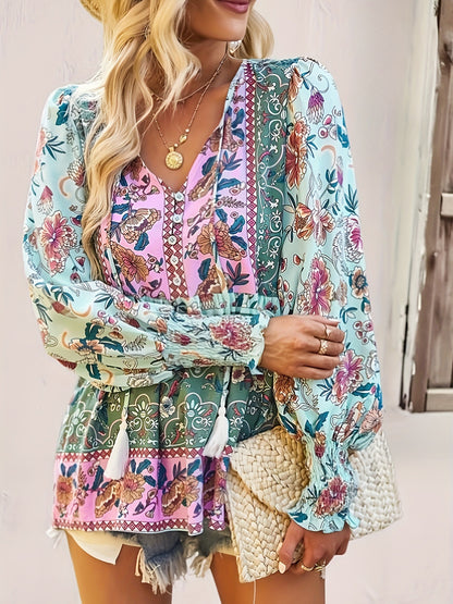 Tassel tie boho blouse with patchwork floral panels