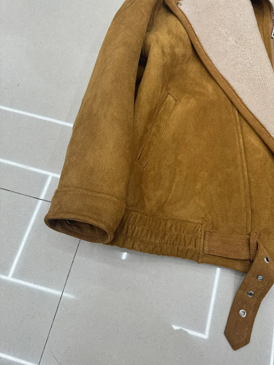 Women Suede Lambswool Real Fur Moto Jacket