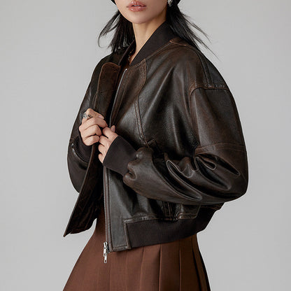 Women’s Genuine Leather Bomber Jacket Retro Baseball Style Coat
