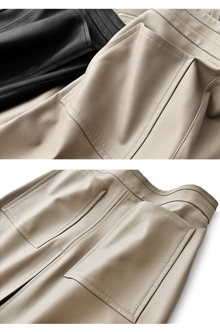 Genuine leather high waist pleated midi skirt