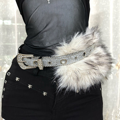 Faux fur diamond waist belt women y2k rhinestone punk style