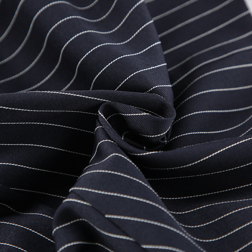 Women Navy Blue Pinstripe Blazer Skirt Set Two-Piece Outfit