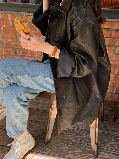 Women Genuine Leather Jacket Oversized Mid-Length Bomber Coat