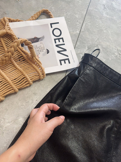 Genuine Leather Mini Skirt High Waist Slit