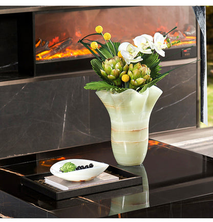 Natural White Jade Marble Flower Vase Hand-Carved