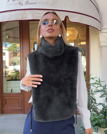 Women Faux Fur Sleeveless Vest Top High Collar