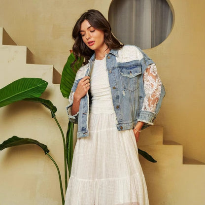 Mesh Spliced Oversized Denim Jacket with Lace Sleeves