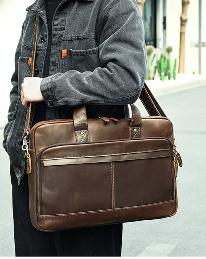 Genuine Leather Laptop Office Bag Briefcase with Trolley Sleeve