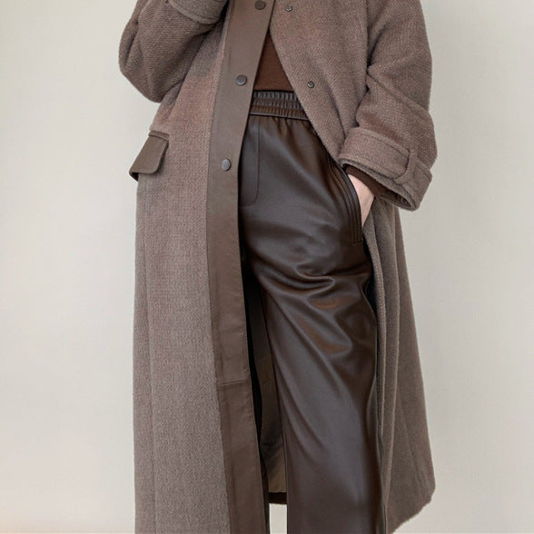 Women’s Genuine Leather Pants High Waist Wide-Leg Trousers