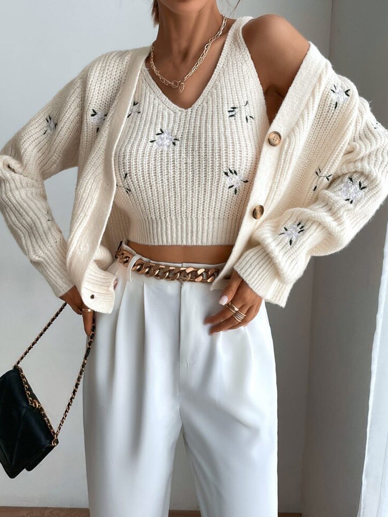 Women’s Knitted Cardigan and Crop Top Set with Embroidery