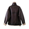 Brown shearling jacket with faux leather zip details