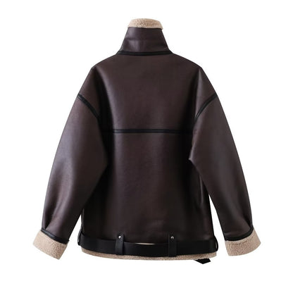 Brown shearling jacket with faux leather zip details