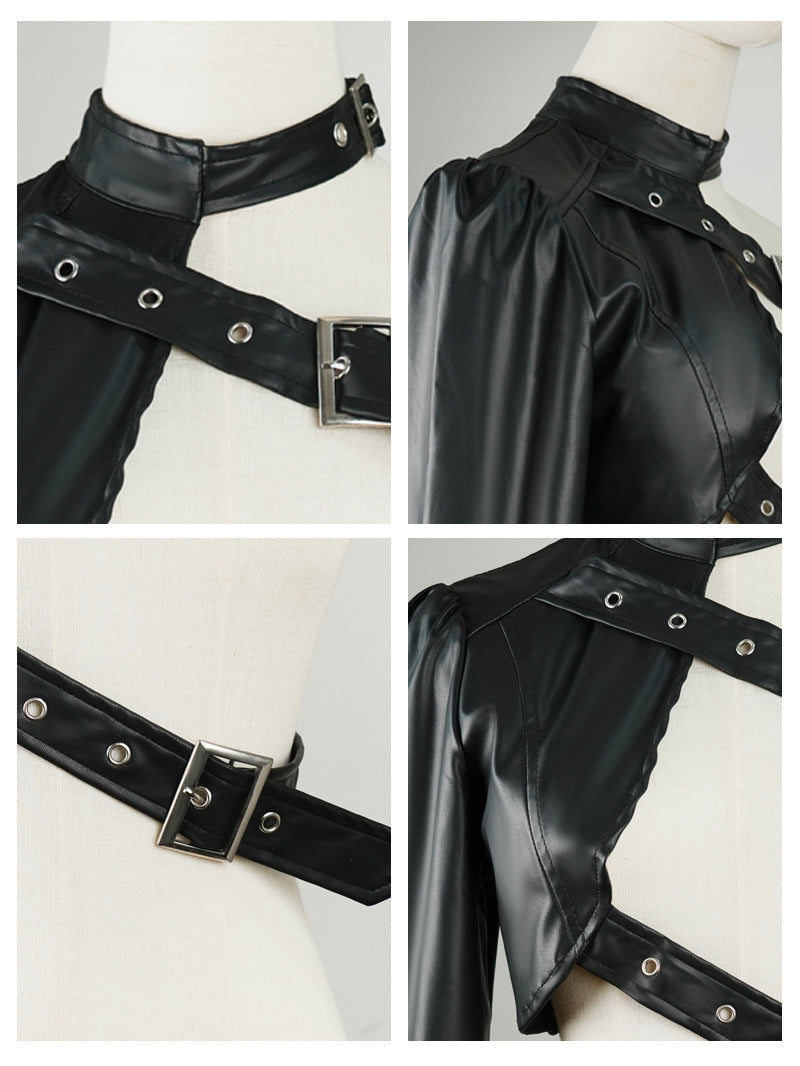 Black one shoulder pu leather punk jacket