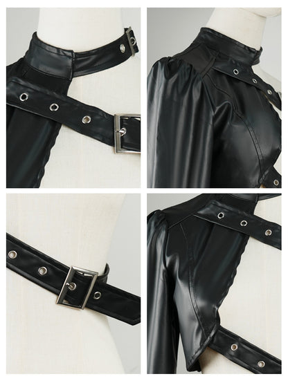 Black one shoulder pu leather punk jacket
