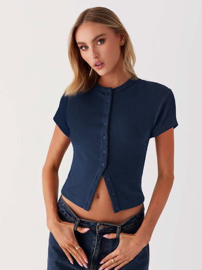 Women Tripe Slim Button Short Sleeve Top