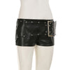 Black Faux Leather Shorts for Women with Buckle Low Waist