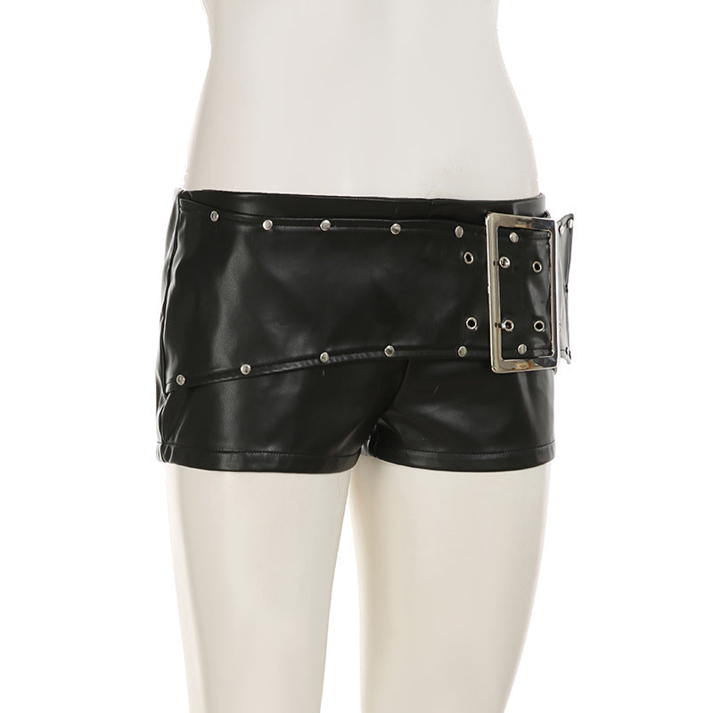 Black Faux Leather Shorts for Women with Buckle Low Waist