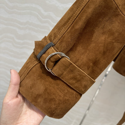 Women Cropped Suede Short Trench Jacket with Belt