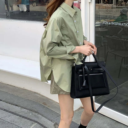 Women Oversized Avocado Green PU Jacket Two-Piece Set