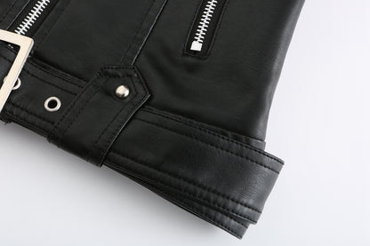 Women’s Faux Leather Motorcycle Jacket with Belt
