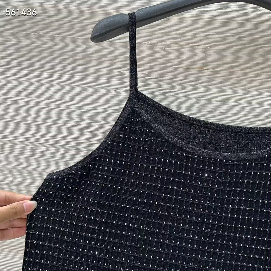 Women Gold Thread Plaid Rhinestone Knit Three Piece Set