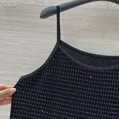 Women Gold Thread Plaid Rhinestone Knit Three Piece Set