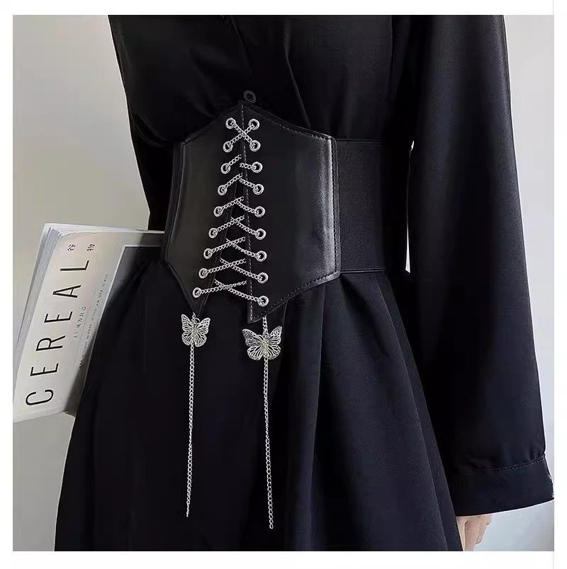 Black Butterfly Chain Faux Leather Elastic Waist Belt