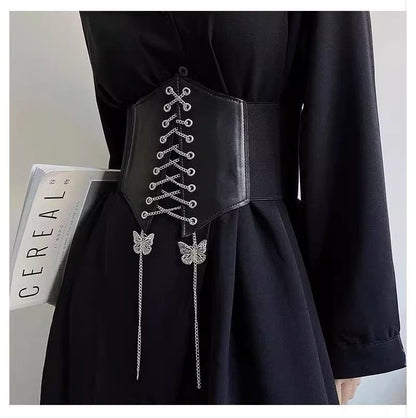 Black Butterfly Chain Faux Leather Elastic Waist Belt