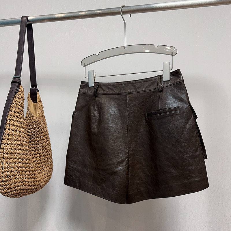 High Waisted Black Genuine Leather Shorts with Front Pockets
