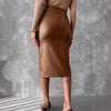 Imitation Leather Brown Long Skirt Slide Slit Hem