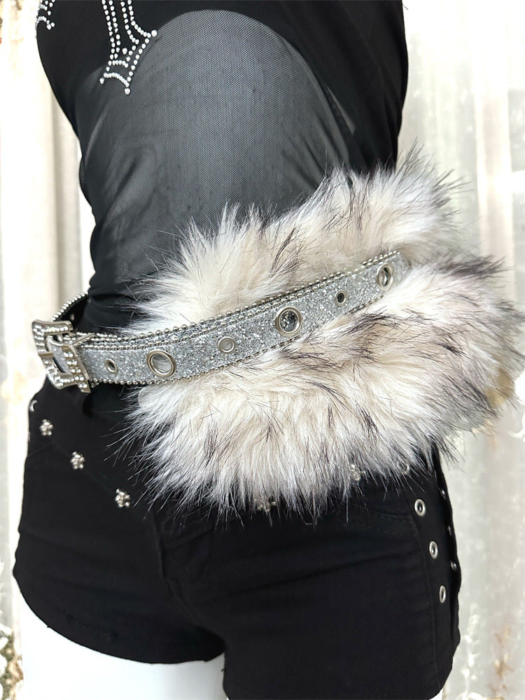 Faux fur diamond waist belt women y2k rhinestone punk style 1