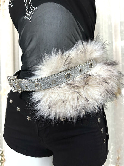Faux fur diamond waist belt women y2k rhinestone punk style 1