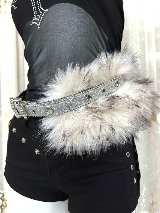 Faux fur diamond waist belt women y2k rhinestone punk style 1