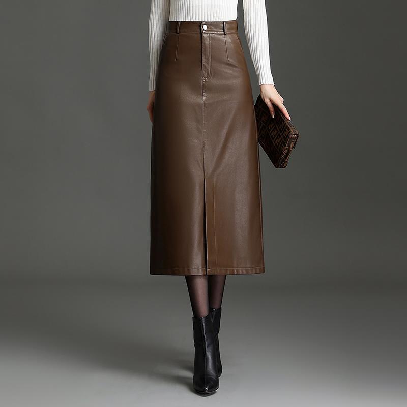 Black PU Leather Midi Pencil Skirt with Slit
