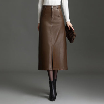 Black PU Leather Midi Pencil Skirt with Slit
