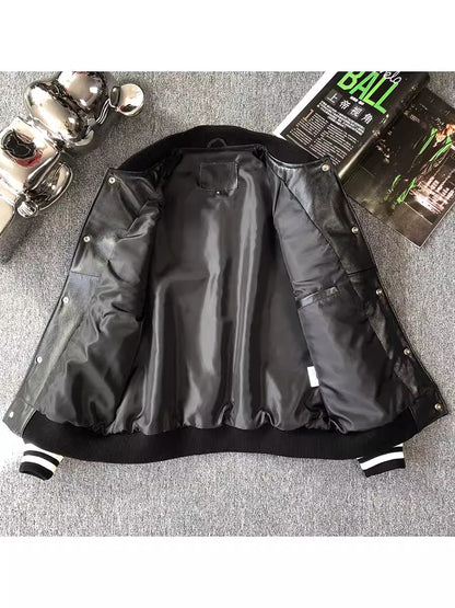 Men Genuine Leather Varsity Jacket Bomber