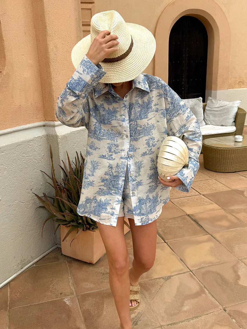 Printed long sleeve shirt shorts set