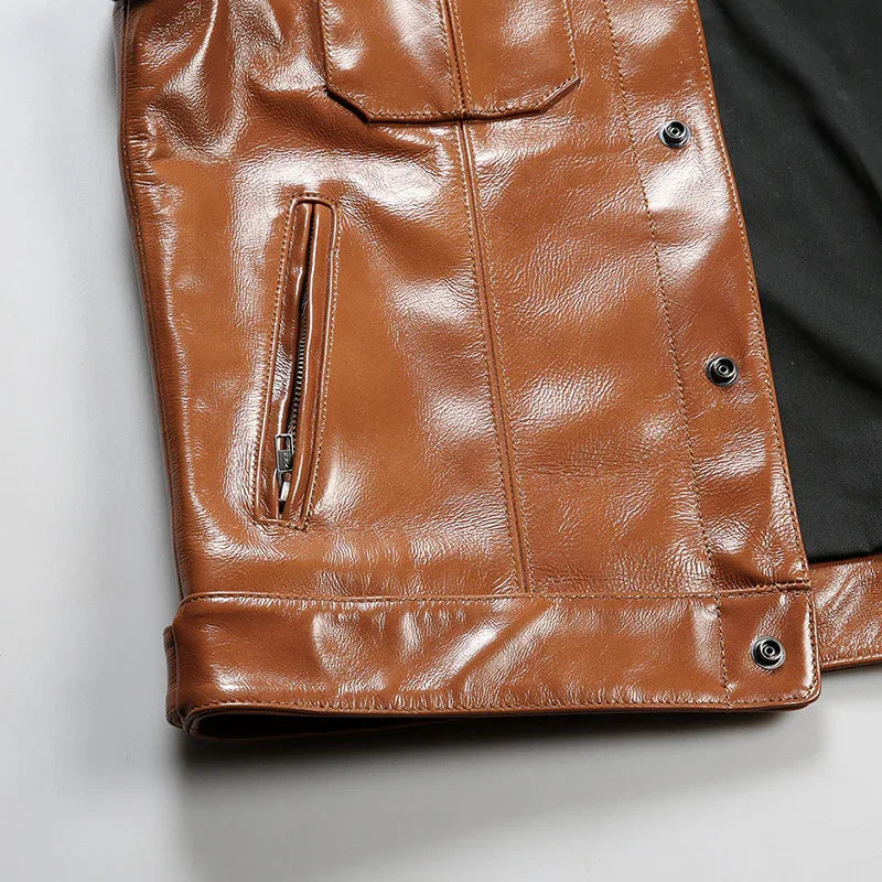 Oil Waxed Motorcycle Leather Vest Stand Collar Biker Vest