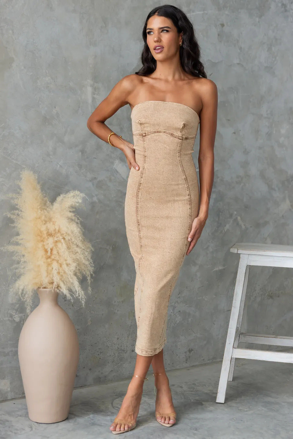 Women Slim Strapless Denim Midi Dress Bodycon