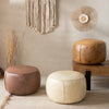 Round Faux Leather Pouf Ottoman with Moroccan Embossed Print
