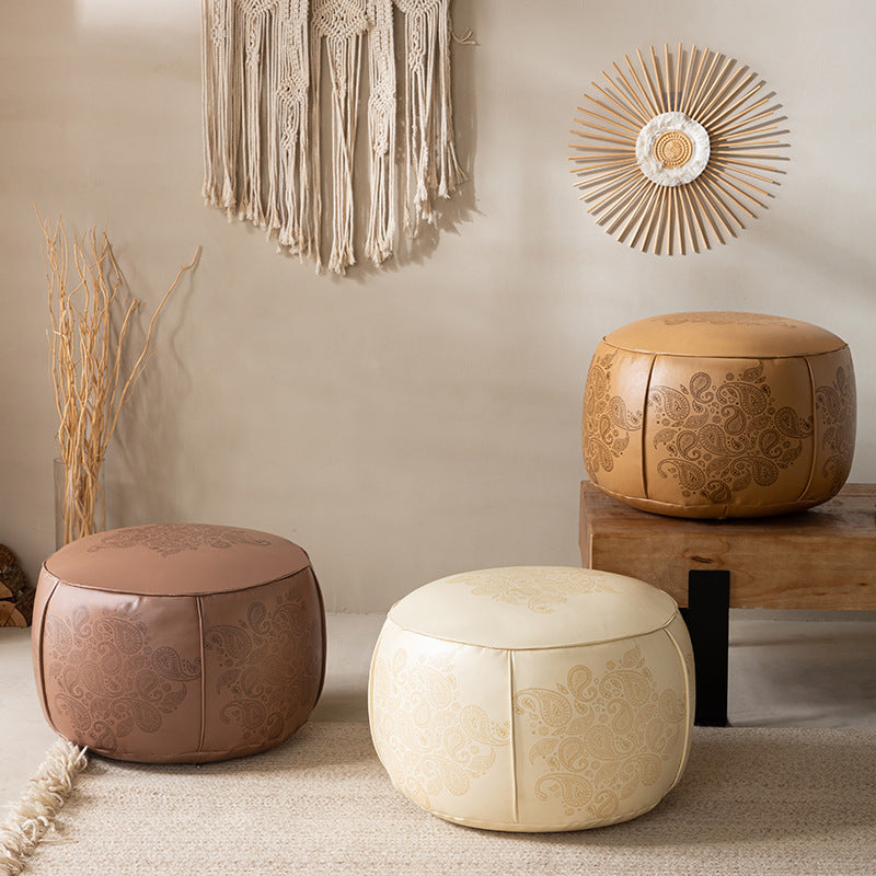 Round Faux Leather Pouf Ottoman with Moroccan Embossed Print