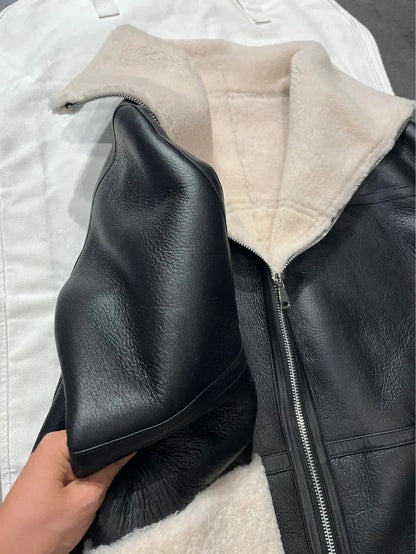 Women Genuine Leather Jacket with Real Fur Bomber Style