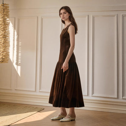 Velvet Midi Dress Women Solid Color Sleeveless